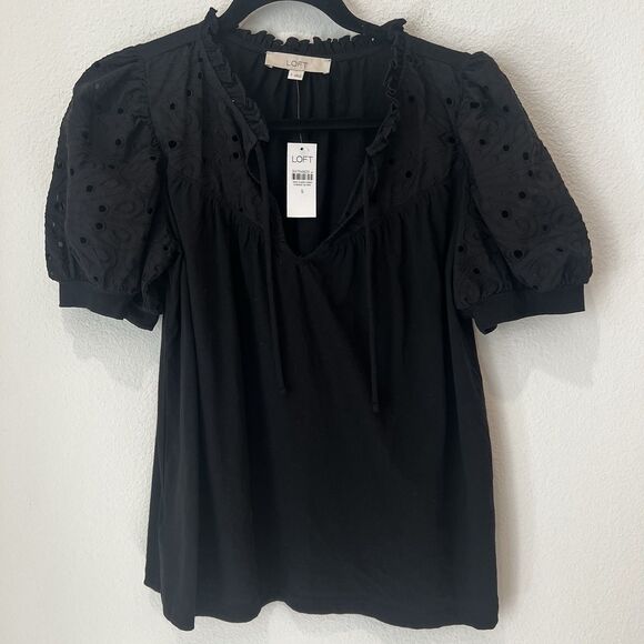 Loft Eyelet Tie Neck Puff Sleeve Mixed Media Top size S - Picture 2 of 9